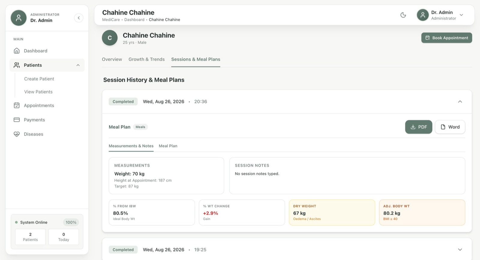 The AI Dietitian platform showing a patient's measurements and meal plans